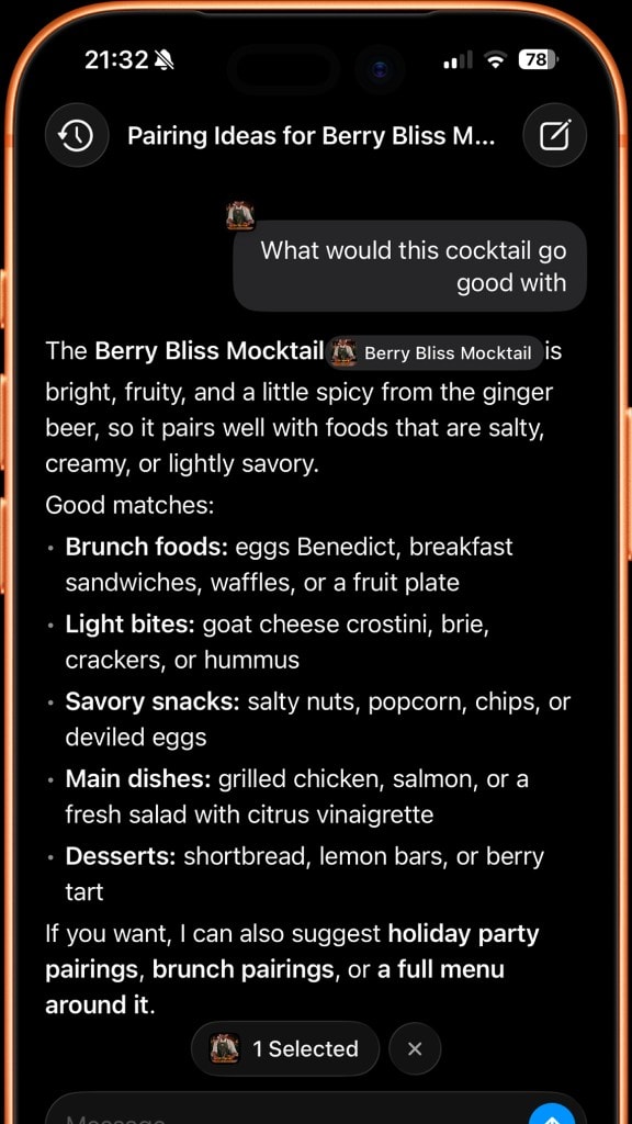 Chat about a saved cocktail